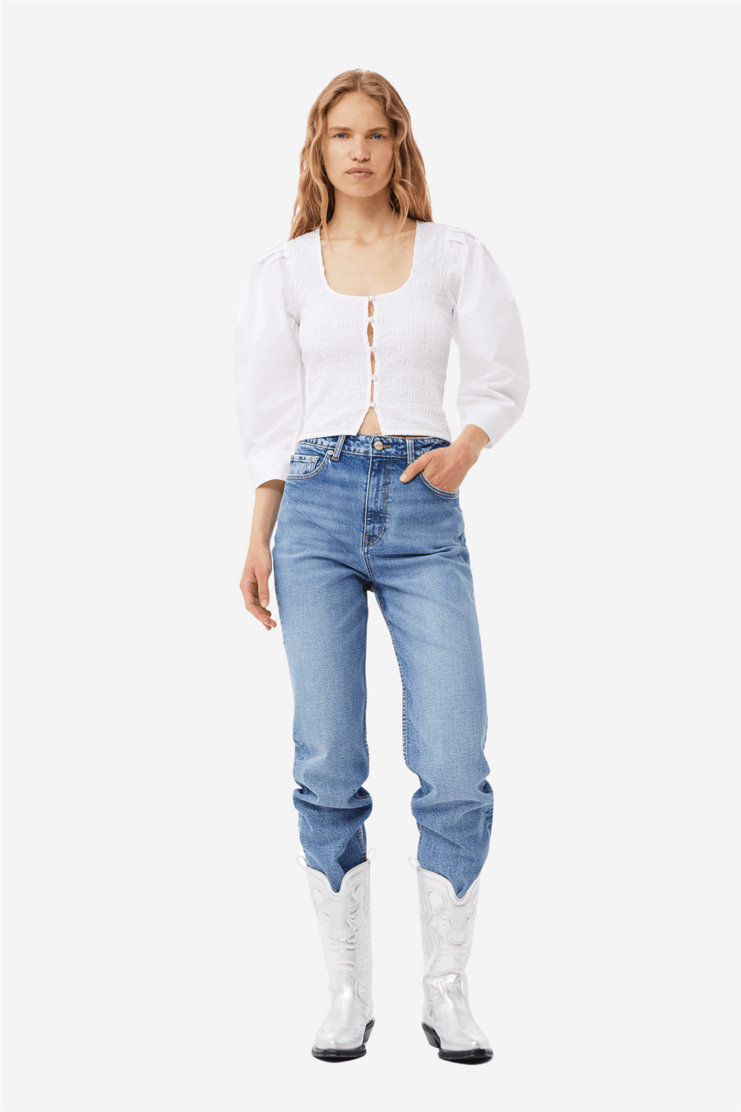 Ganni Bluser & Skjorter Cotton Poplin Smock Blouse Bright White