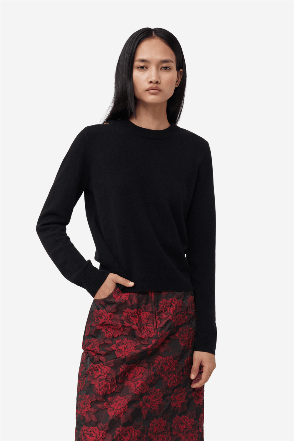 Ganni Genser & Cardigan Cashmere Mix O-Neck Pullover - Solid Black