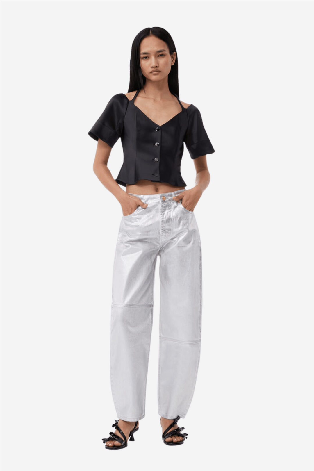 Ganni Topper & t-skjorter Double Satin Fitted Open-neck Blouse Black