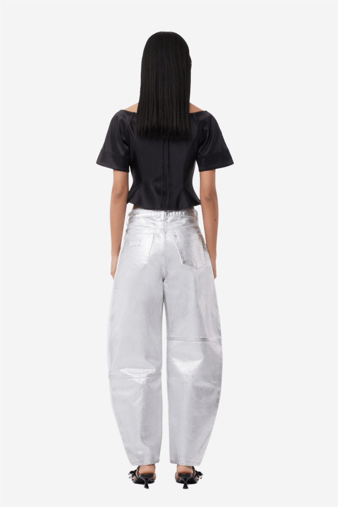Ganni Topper & t-skjorter Double Satin Fitted Open-neck Blouse Black