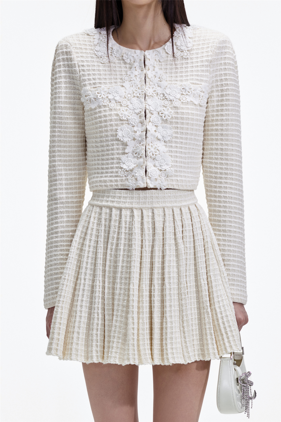 Self-Portrait Genser & Cardigan Cream Knit Floral Trim Cardigan