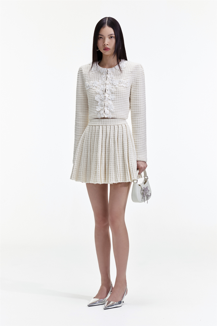 Self-Portrait Genser & Cardigan Cream Knit Floral Trim Cardigan