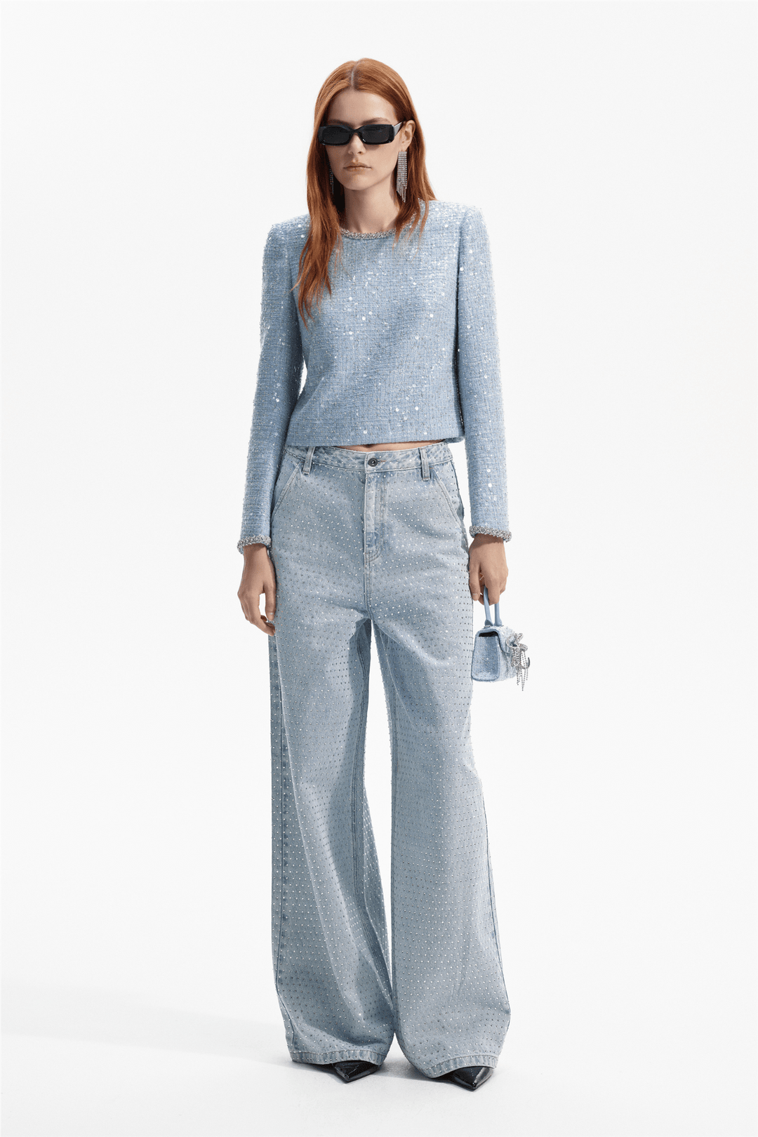 Self Portrait Topper & t-skjorter Blue Sequin Boucle Top