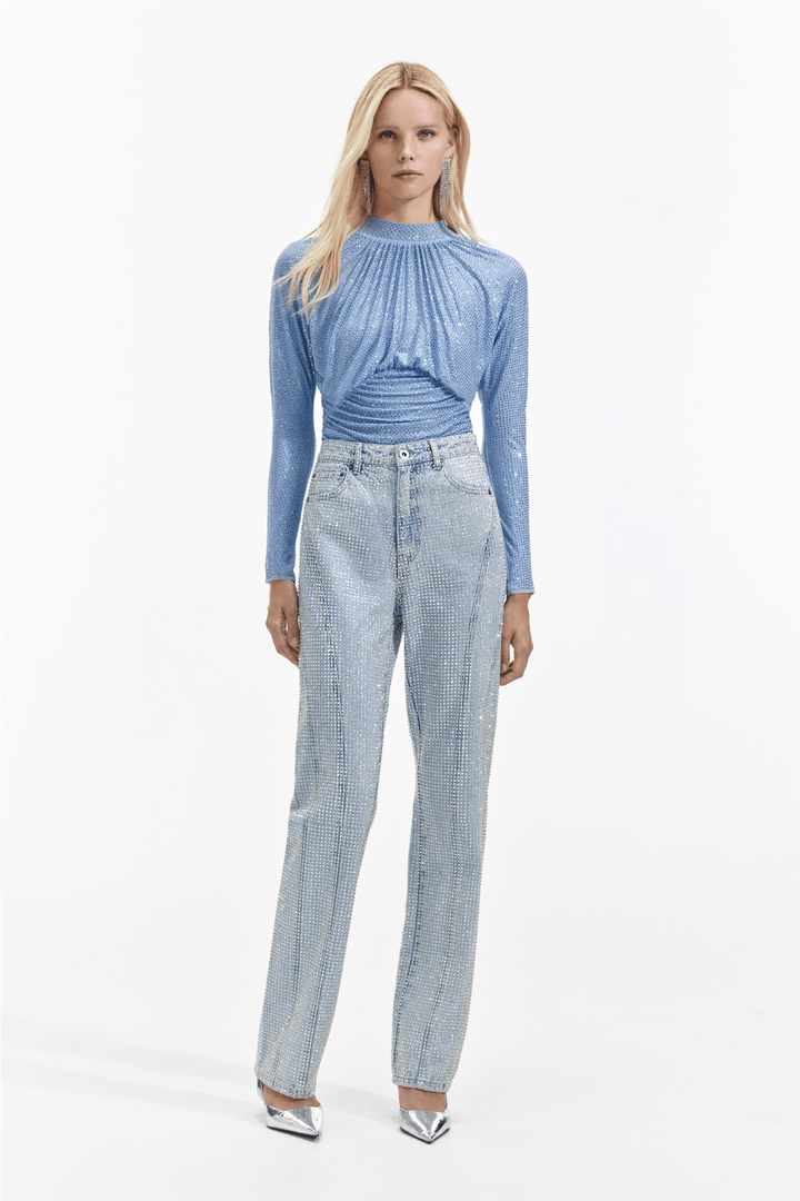 Self Portrait Topper & t-skjorter Light Blue Rhinestone Mesh Top