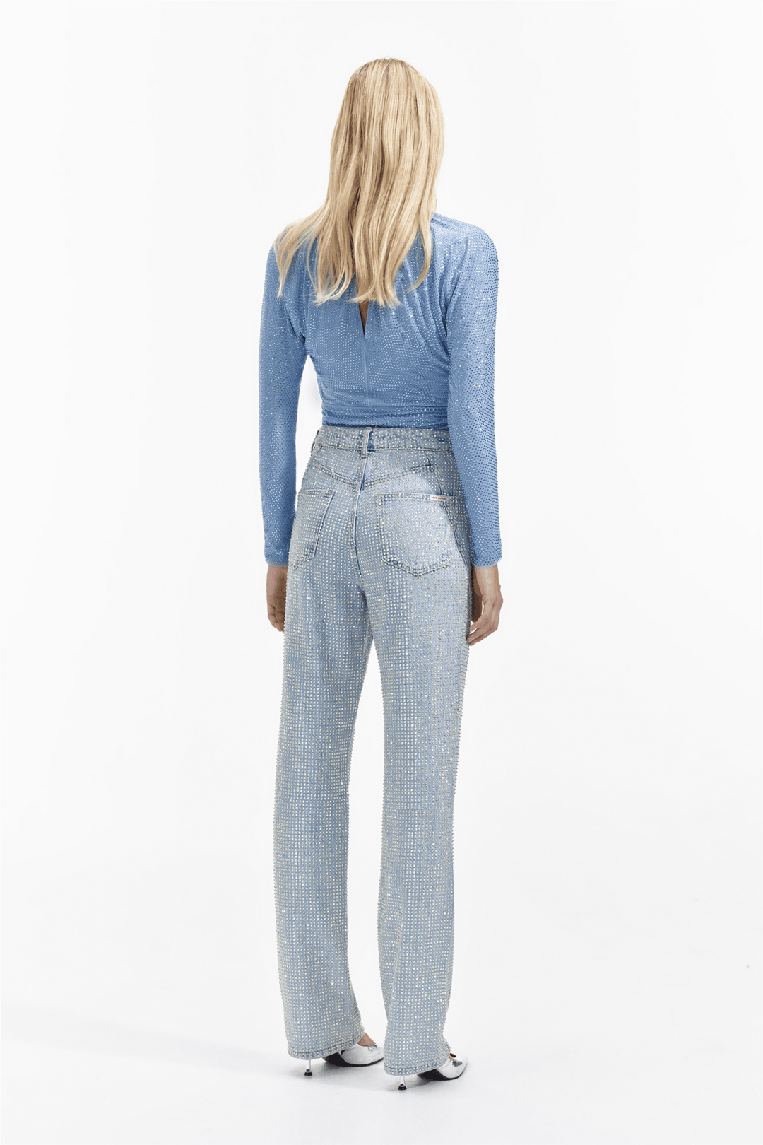 Self Portrait Topper & t-skjorter Light Blue Rhinestone Mesh Top